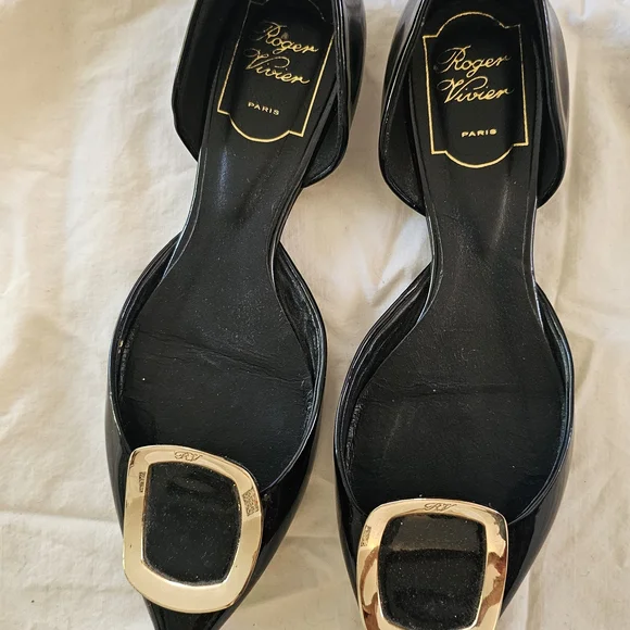 Black Patent Leather Flats with Gold Buckle - Picture 2 of 5